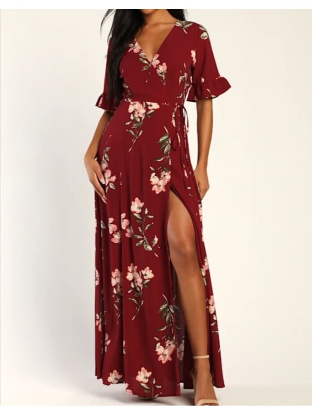 LULUS September Sunsets burgundy short sleeve wrap dress sz M